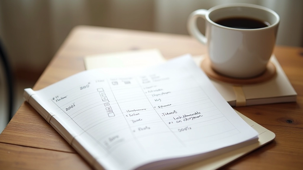 Tracker op papier met vinkjes en aantekeningen, koffiekopje naast