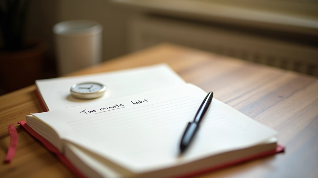 Dagboek met twee-minuten oefening opgeschreven en timer op achtergrond