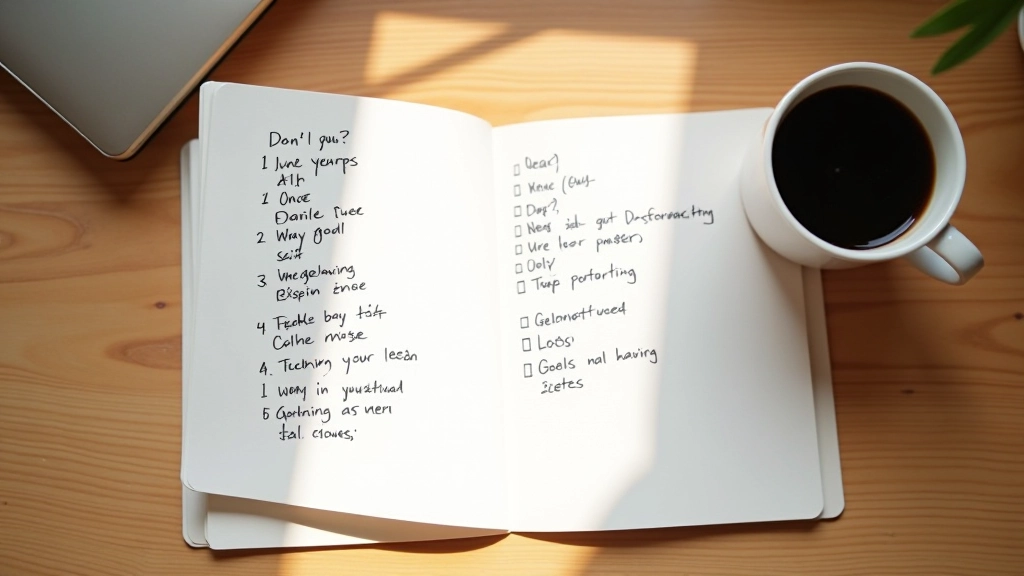 Notitieboekje met handgeschreven doelen op houten bureau naast koffie