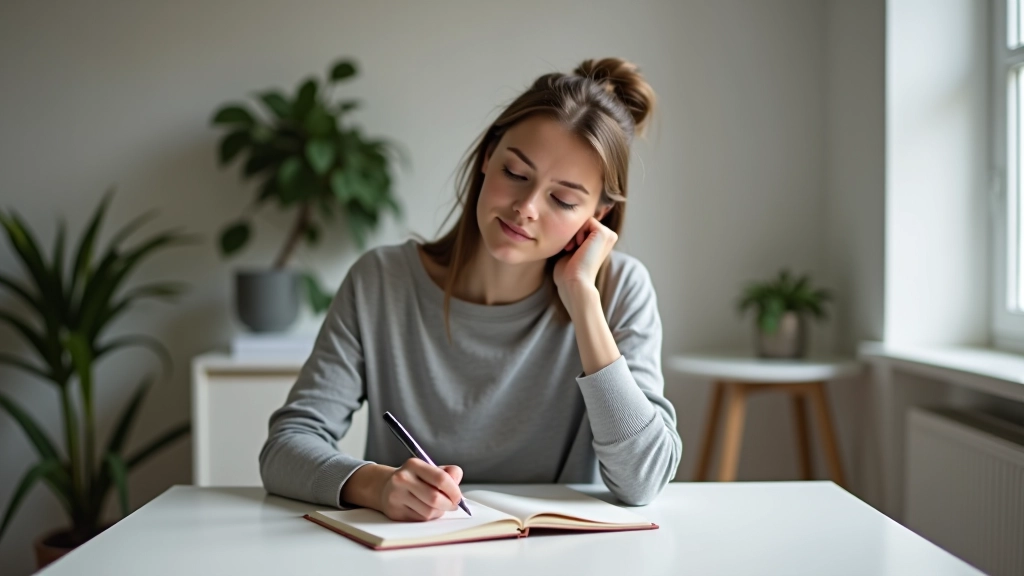 Persoon die in notitieboek schrijft met bezorgde uitdrukking, kamer in achtergrond