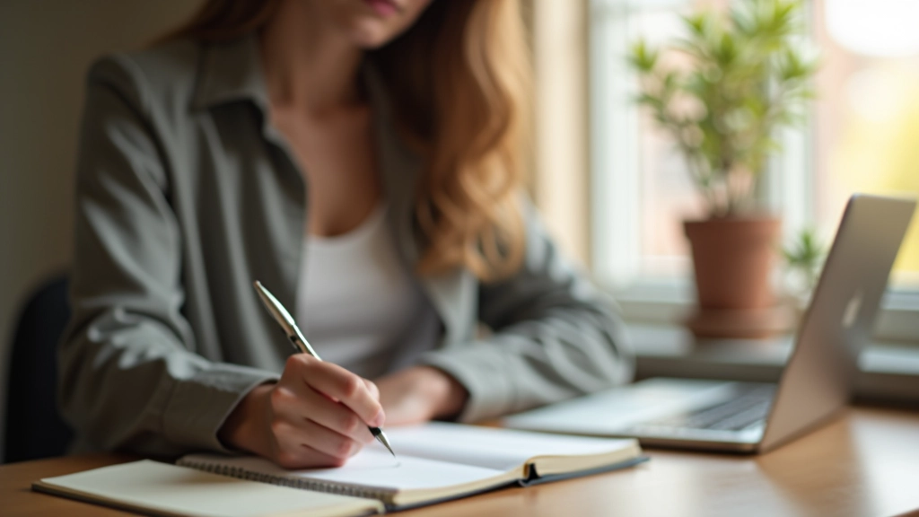 Persoon schrijft in dagboek met pen in rustige thuisomgeving