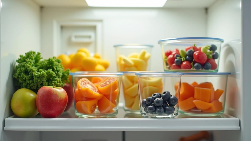 Voorbereide gezonde snacks in glazen containers in koelkast, klaar om te eten