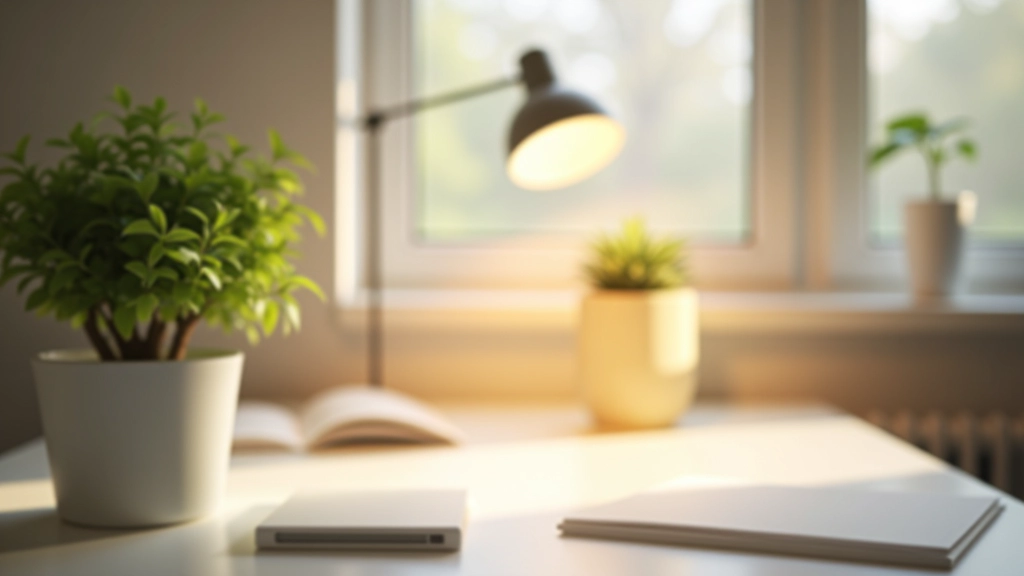 Goed georganiseerd werkbureau met plant, minimaal ingerichte ruimte, duidelijke visuele signalen